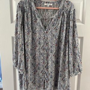 Rose & Olive Blue Floral Smocked Yoke Button-Front Blouse